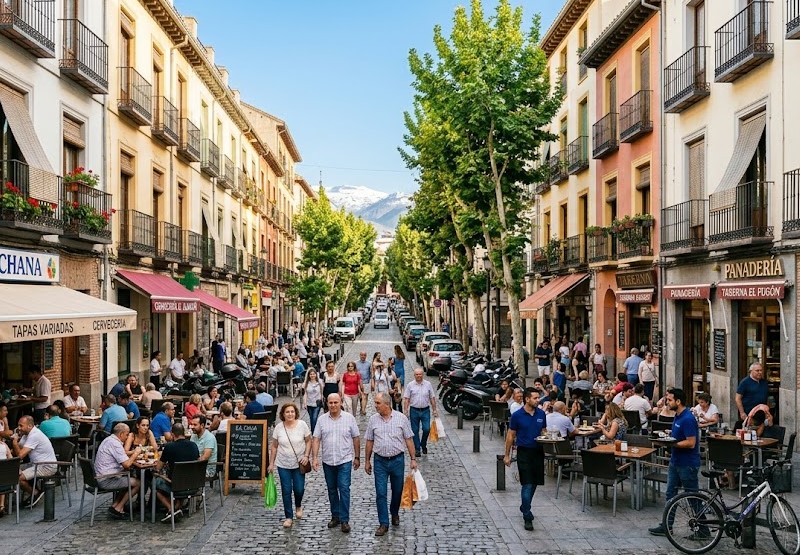 Vistas de las calles, la actividad comercial y los pisos del barrio de La Chana en Granada
